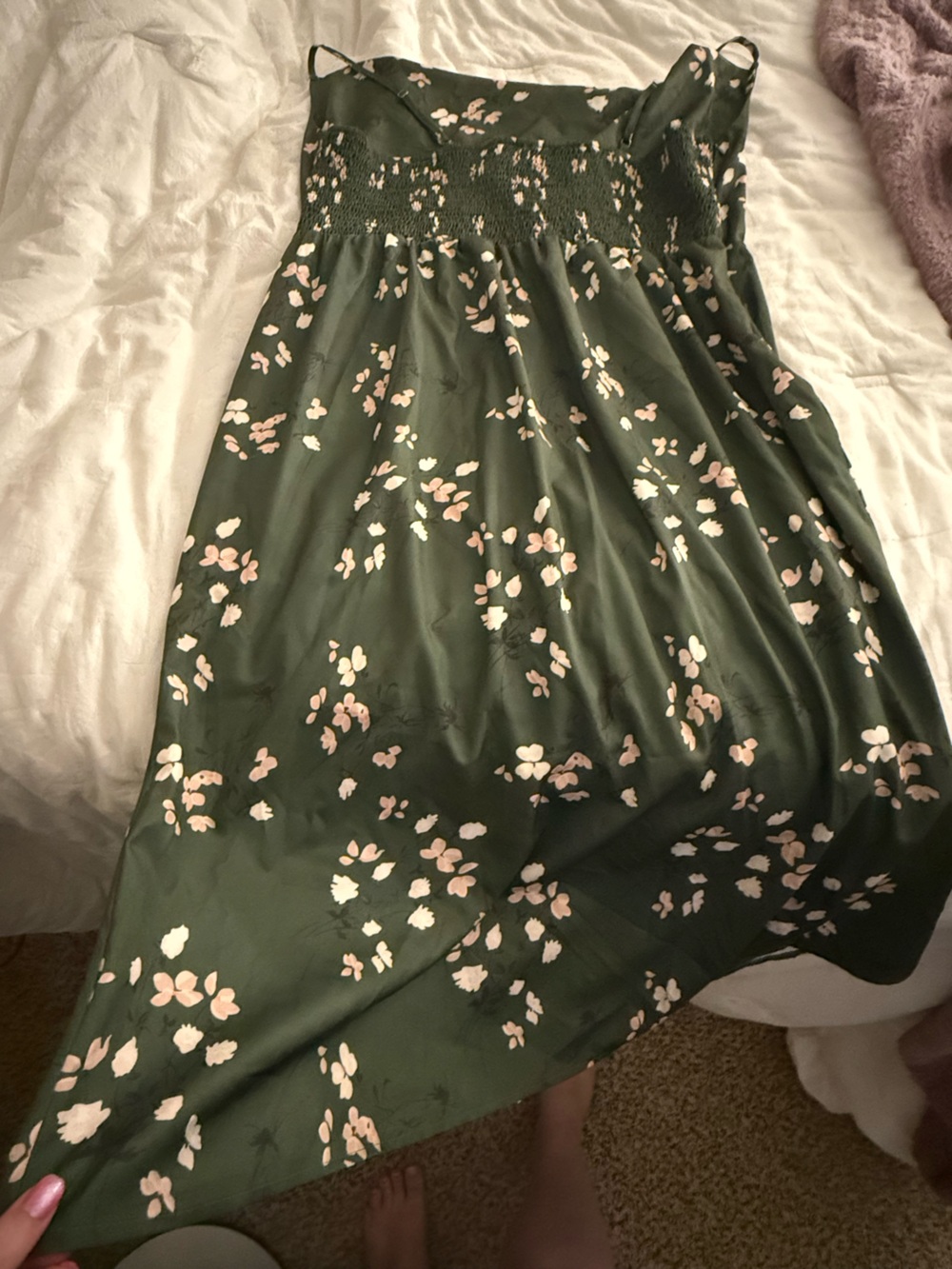 Cider Olive Green Midi Slip Dress with Blush Floral Print - Picture 3 of 3